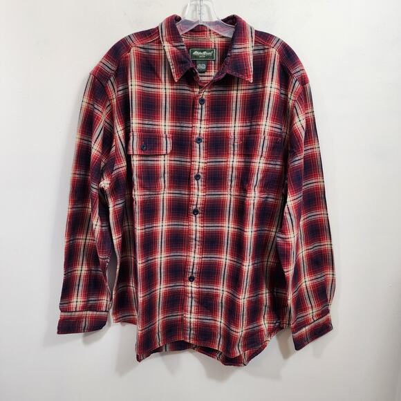 Eddie Bauer red, black & cream medium weight plaid flannel shirt mens size large - Picture 1 of 11